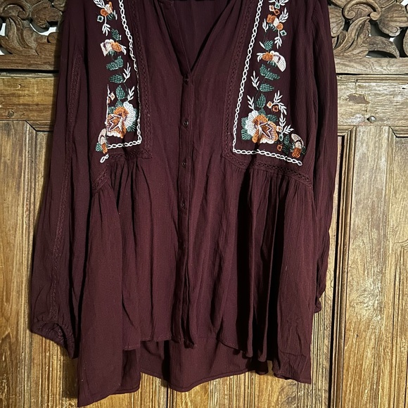 lola Tops - Lola Maroon Floral Embroidered BoHo Blouse
